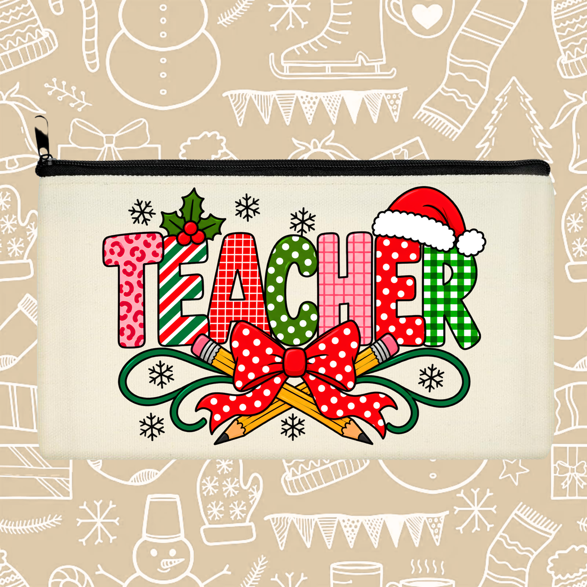 Teacher Christmas Canvas Zipper Pouch